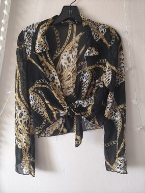 Papaya Black and Gold Chain & Leopard Tie-Front Blouse